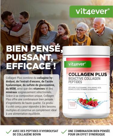 Collagen Plus - 500g Powder with MSM Glucosamine HCL Hyaluronic Acid Frankincense Extract - 100% Bioactive Collagen Hydrolysate Peptide - Collagen Type 1 2 & 3 - Raspberry Strawberry - Buy Online on GoSupps.com
