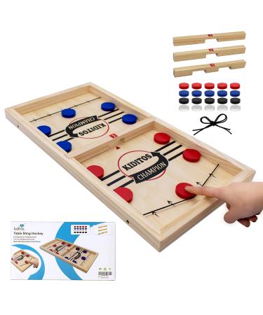 Kiditos 22.4" Fast Sling Puck Game Wooden Hockey Game, 3 Levels Challenge 2-4 Players Family Board Game, Tabletop Slingshot Hockey Game, Foosball Winner Game for Kids, Teens and Family Game Night Large