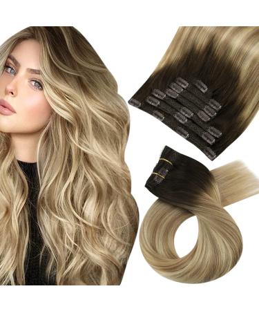 Moresoo Clip in Hair Extensions Real Human Hair Balayage Hair Extensions Clip in Brown to Chestnut Brown with Medium Blonde Clip in Human Hair Extensions 24 Inch 7 Pieces/120g #3/8/22 60 cm #3/8/22