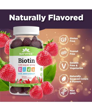 Natvites Kids Biotin Gummies for Hair Growth Support - Biotin 5000mcg Kids Hair Skin & Nails Gummies for Boys and Girls - Vegetarian Gluten Free Vitamin B7 - Hair Nails & Skin Vitamins (60 Count) - Buy Online on GoSupps.com