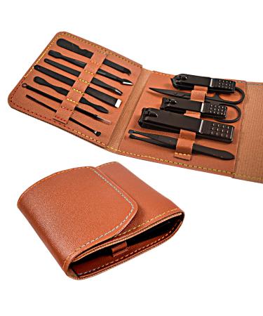 Tirdkid Gift for Man/Woman Nail Clipper Set Manicure Set fingernail Clippers kit Sharp Black Stainless Steel Pedicure and Manicure kit with PU Leather Case(Brown 12 in 1) 12Pcs(Brown)