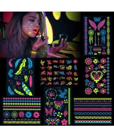 HOWAF 7 Large Sheets Neon Temporary Tattoos  100+ Shimmer Designs Glow UV Neon Body Face Skin Tattoo Jewellery Tattoos Flash Fake Waterproof Tattoo Stickers for Women Girls Body Art