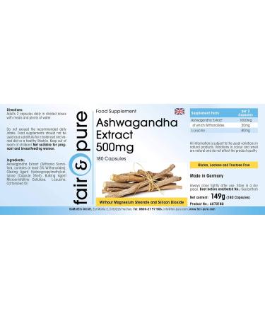 Fair & Pure - Ashwagandha 500mg - extra strong - standardized to 5% withanolide - vegan - Indian Ginseng extract (Withania Somnifera) - natural - 180 capsules for 3 months - Buy Online on GoSupps.com