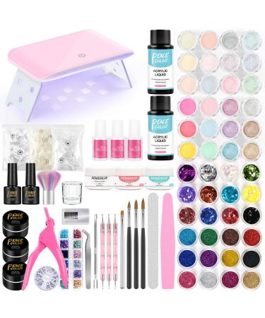 PEACECOLOR Acrylic Nail Kit with Nail Lamp White Pink Clear Acrylic Powder and Liquid UV Builder Nail Gel Base and Top Coat 48Pcs Glitter Powder Sequins Acrylic Nails Supplies AC-22