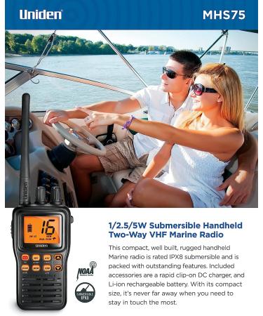 Uniden MHS75 Waterproof 2-Way VHF Marine Radio - Submersible, 1/2.5/5 Watt Power, USA/International & Canadian Channels - Black - Buy Online on GoSupps.com