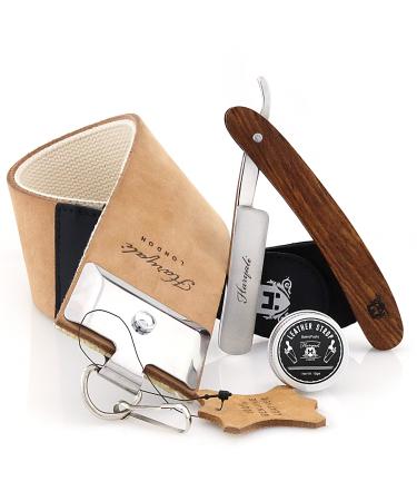 Haryali London Shaving Kit 3 Pc Shaving Kit - Cut Throat Razor Wooden Shaving Kit Leather Strop Honing Compound - Vintage Style Shaving Set as a Gift