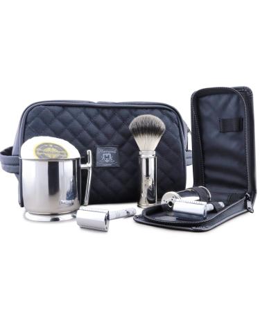Travel razor set with leather culture bag and bag travel protection double-cut razor planer synthetic silver tip shaving brush soap and stainless steel bowl