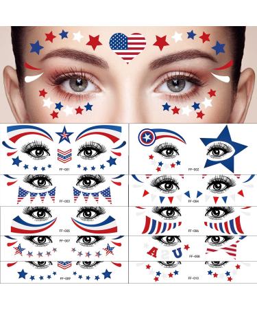 10 sheets 4th Of July Patriotic Face Eye Tattoo Sticker Independence Day Waterproof Sweatproof Temporary Tattoos Stickers For American Flag USA Star Patriotic Memorial Day For Adult Kids Make Up Party Parade