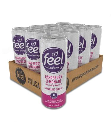 FEEL Sparkling Raspberry Lemonade Natural Energy Drink, Zero Sugar Healthy Energy Drink, L-Theanine, Green Coffee Bean Caffeine Beverage, 12 oz. (Pack of 12)