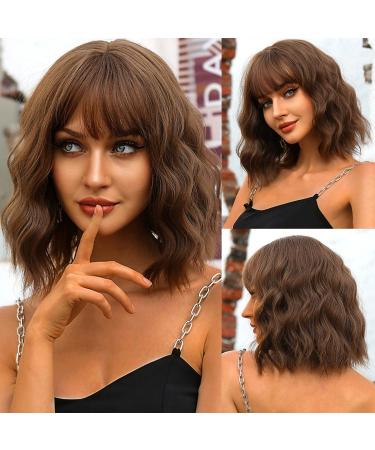 OUFEI Brown Wig with Bangs Curly wigs for Women Short Wavy Wigs Synthetic Hair Heat Resistant Wigs for Daily Party Cosplay Wear Brown(13in)