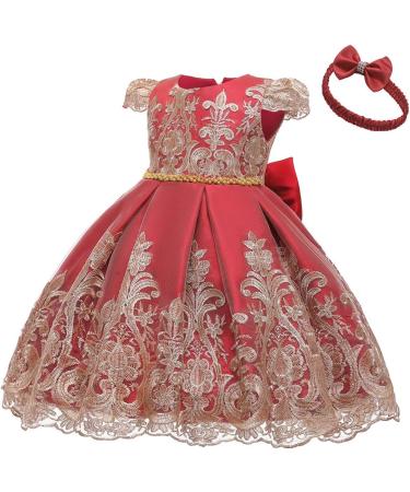 Myrisam Baby Girl Embroidered Birthday Christening Dress | Backless Wedding Party Baptism Gown w/ Headwear | 0-3 Months | Deep Red - Buy Online on GoSupps.com