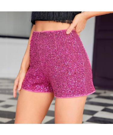 Duohropke Women's Metallic Hot Pants Glitter Sequins High Waist Shorts for Dance Disco & Carnival - Hot Pink - Buy Online on GoSupps.com