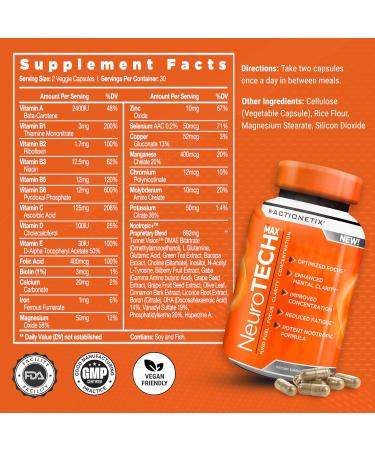 NeuroTech MAX Brain Supplements - Boost Memory & Focus | Caffeine-Free Nootropic with DMAE Bacopa & Huperzine for Athletic Performance - Buy Online on GoSupps.com