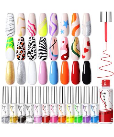 Nail Art Gel Liner Set - 12 Colors Gel Paint Nail Art Polish for Swirl Nails, French Manicure, DIY Nail Art, Built-in Thin Brush, Gift for Women & Girls Nail Art Polish 12 Colors