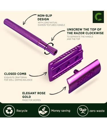 Zomchi Safety Razor for Women - Double-Blade Metal Razor with 10 Blades Purple Shaving Set Perfect for All Double-Blade Razors - Buy Online on GoSupps.com