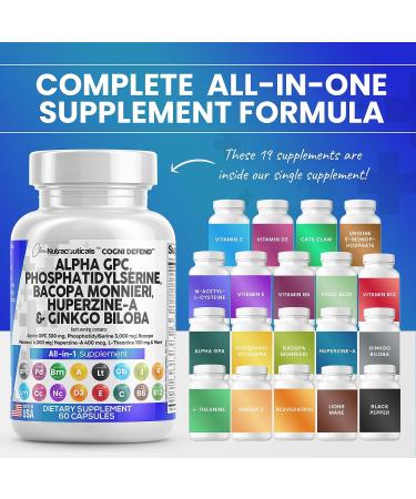 Brain Boost Supplement - Alpha GPC Choline 300mg, Phosphatidylserine 3000mg, Bacopa Monnieri 6000mg, Ginkgo Biloba 2000mg, Huperzine A 400mcg with L-Theanine, Uridine, Lions Mane, Cats Claw, NAC, Vitamin C, B, D, E - Made in USA - Buy Online on GoSupps.com