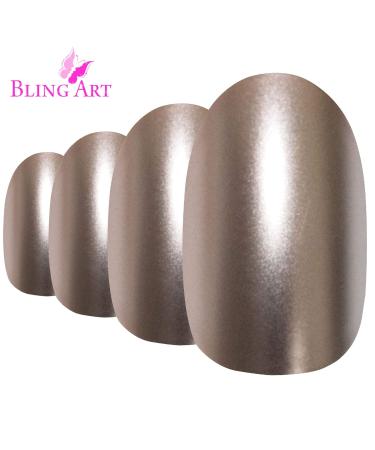 False Nails Bling Art Beige Mettalic Oval 24 Artificial Nails Medium Tips