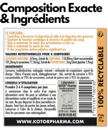KOTOR Turmeric | Anti Inflammatory and Oxidant Joint Pain Difficult Digestion | 786mg | High Absorption Organic Turmeric | Curcumin + Piperine | 60 Tablets | Made in France - Buy Online on GoSupps.com