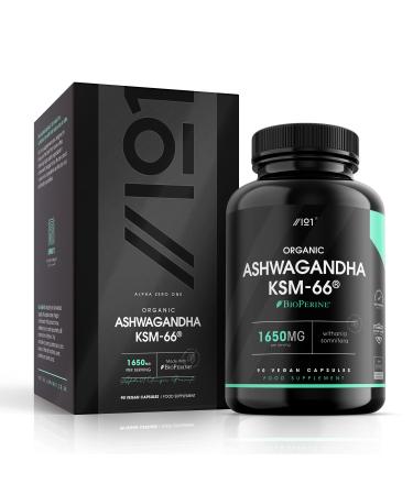 Organic Ashwagandha KSM-66 with BioPerine - 1650mg - 5% Withanolides - Most Bioavailable Full-Spectrum Root Extract - Not Tablets or Powder - 90 Vegan Capsules