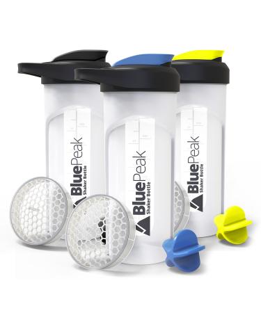 BluePeak Protein Shaker Bottle 28 oz with Dual Mixing Technology Strong Loop Top BPA Free Shaker Balls & Mixing Grids Included - On-The-Go Large Protein Shakers (3 Pack - Yellow Blue Black) 3-Pack