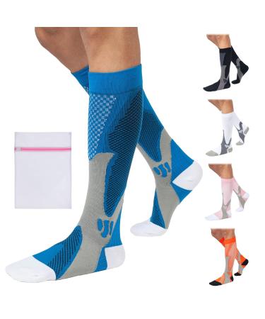 360 RELIEF Copper Compression Socks - for Women & Men | Graduated Athletic Fit for Running Nurses Shin Splint Flight Travel Maternity Pregnancy Boost Stamina | with Mesh Laundry Bag L-XL Blue