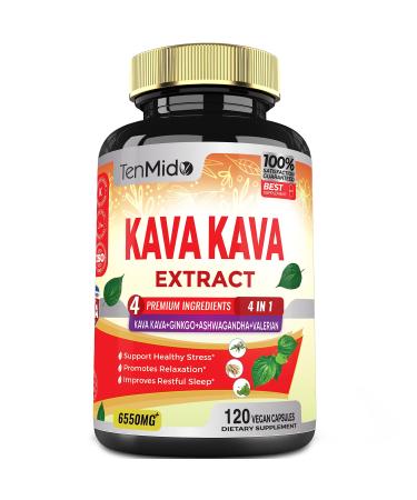 Tenmido Kava Kava Supplement Extract Capsules 6550mg 4 Months Supply with Ginkgo Ashwagandha Valerian- Relaxation Supports Supplement- 120 Vegan Capsules