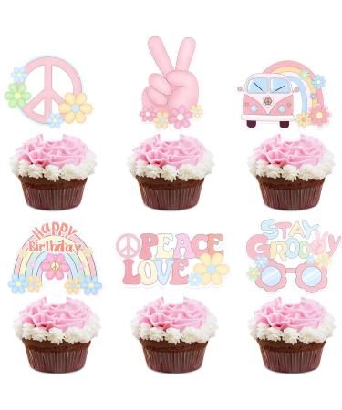 Ercadio 36 Pack Hippie Party Cupcake Toppers Glitter Peace Sign Cupcake Picks Peace and Love Dove Rainbow Cupcake Toppers for 60s Hippie Retro Theme Party Cake Decoration Supplies