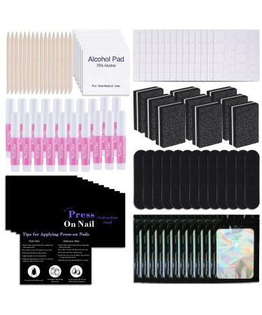50 Set Disposable Nail Supplies Kits Professional Manicure Press On Nail Tool Kit With Nail File Nail Buffer Adhesive Tabs Nail Glue Sticks Prep Pads Bags Instruction Cards for Nail Business(Black)
