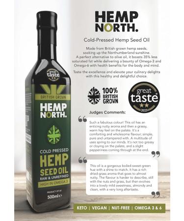 British Hemp Seed Oil - Cold Pressed Raw & Unrefined (500ml) | High in Omega 3-6-9 | Hemp North - Buy Online on GoSupps.com
