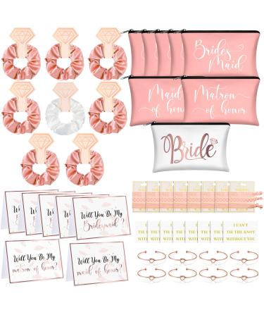 63 Pcs Bride Bridesmaid Proposal Gift Maid of Honor Gifts Matron of Honor Gifts Brides Bridesmaid Cosmetic Makeup Bag Hair Knotted Bracelets Invitation Cards for Wedding Bachelorette (Dreaming Style)