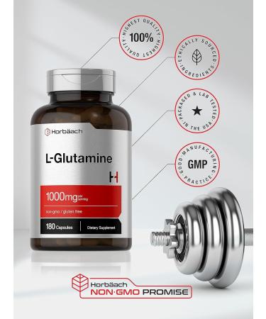 Horbaach L Glutamine Capsules 1000mg | 180 Powder Pills | Supplement for Women and Men | Pre Workout & Post Workout | Non-GMO & Gluten Free - Buy Online on GoSupps.com