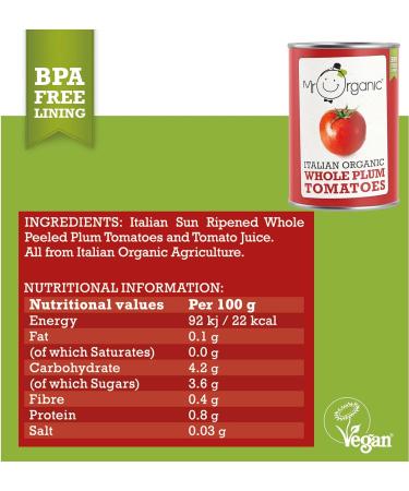 Mr Organic Italian Whole Plum Tomatoes 400g - Pack of 1 | Premium Quality Whole Plum Tomatoes - Buy Online on GoSupps.com