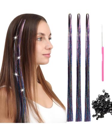 Hair Tinsel Extensions 600 Strands with Tools Sparkling Shiny Hair Tinsel Kit Heat Resistant Glitter Tinsel Hair Extensions for Women Girls 48 Inch (600 strands mixedcolors)