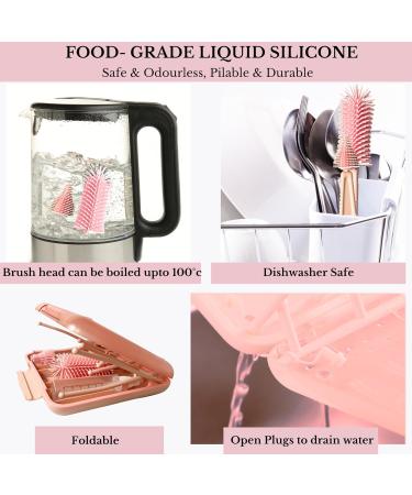 6 in 1 Baby Bottle Cleaning Brush Set - Silicone Brush Nipple Straw Rack Dispenser Box - Pink - Buy Online on GoSupps.com