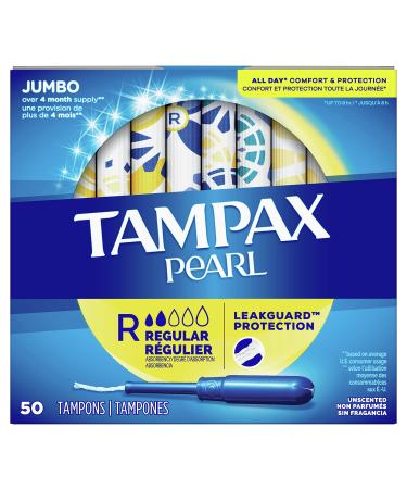 Tampax Pearl Tampons with Plastic Applicator Regular Absorbency 50 Count Pack of 4 (200 Count Total) OLD