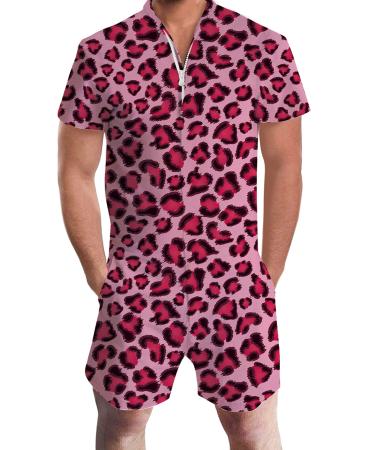 RAISEVERN Men's Rompers Male Zipper Jumpsuit Shorts One Piece Romper Bro Short Sleeve Shirt Outfits Leopard Medium