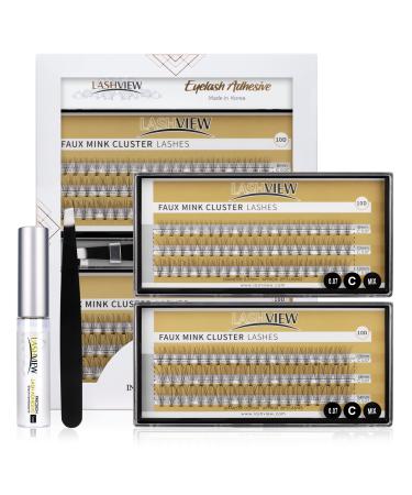 LASHVIEW 0.07mm 10 Root 8-14 mm Mix Short Knot-free Eye Lashes Cluster Lashes Kit,Individual Lashes with Glue and Tweezers 8-14mix 0.07-10D