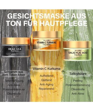 ulluxe Facial Mask Set Turmeric Vitamin C clay mask facial mask with salicylic acid Dead Sea mud facial clay mask for cleaning pores against blackheads dark spots 3x80g - Buy Online on GoSupps.com