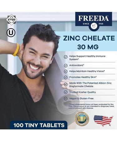 Freeda Chelated Zinc Supplement 30mg - Albion TRAACS Zinc Bisglycinate - Pure Zinc for Men & Women - 100 Tablets - Buy Online on GoSupps.com
