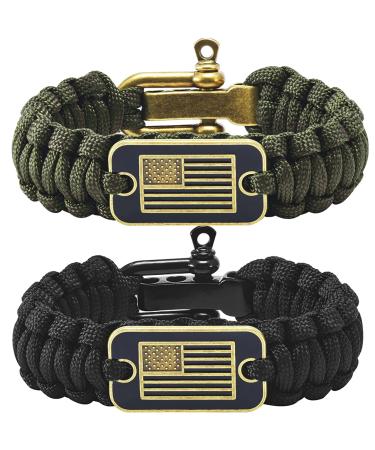 Onewly Paracord Bracelets with Bronze USA Flag - Gifts for Military Veterans with Tactical Survival Bracelet - Pulseras Para Hombres - Bracelets for Men Black+Green M(8.2-9.2in)
