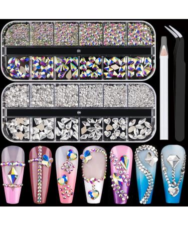 Flat Back Multi-shaped And Round Glass Nail Art Rhinestones Set 1  Crystal AB And Clear Gem Bead Jewels Kit With Picker Pencil And Tweezer For Professional And Home DIY Use 01-Multi-shaped+Round Set 1