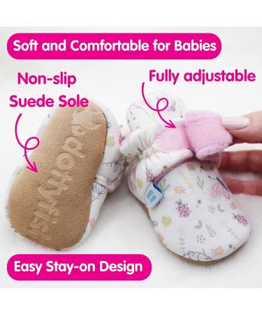 Dotty Fish Cotton Baby Booties with Suede Sole | Warm Fleece Lining | Non-Slip Pram Shoes | Stay On Slippers | 12-18 Months Soft Pink With Butterflies - Buy Online on GoSupps.com