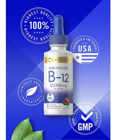 Carlyle Vitamin B12 Sublingual Liquid 10000mcg - 2 fl oz | Vegetarian, Non-GMO, Gluten-Free - Buy Online on GoSupps.com