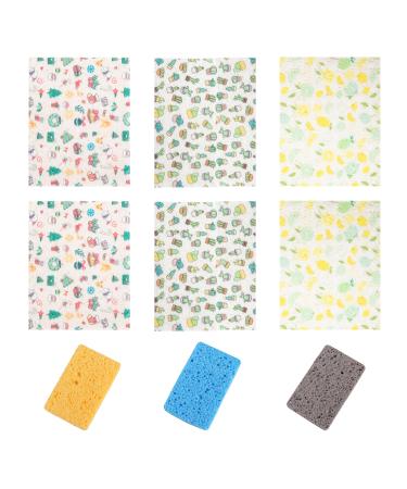 6 Pcs Reusable Paper Towels 3 Pcs Kitchen Sponge Set Wood Pulp Cotton Cleaning Cloths for Dishes Random Pattern Absorbent Towels and Sponges for Home Cleaning
