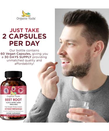 Buy Organic Veda Beet Root Triple Reds - 14000mg Nitric Oxide Supplement with Beetroot Pomegranate & Red Spinach | 60 Capsules for Enhanced Blood Flow & Energy - Buy Online on GoSupps.com
