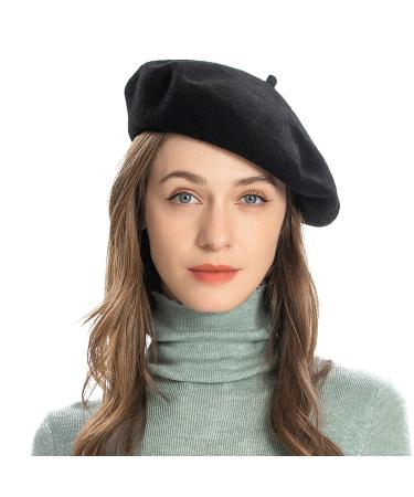 ZLYC Wool French Beret Hat Solid Color Beret Cap for Women Girls Black