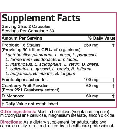 Bronson Women's Probiotic 50 Billion CFU + Prebiotic with Cranberry & D-Mannose - Vaginal Health, Digestive Support, Immune Function - 60 Vegetarian Capsules - Buy Online on GoSupps.com