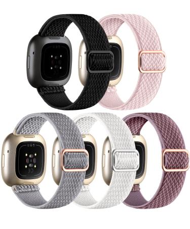 Adorve Compatible with Fitbit Versa 3 Bands/Fitbit Versa 4 Band/Fitbit Sense/Sense 2 Bands for Women Men, Adjustable Stretchy Solo Loop Elastic Nylon Sport Strap for SmartWatch Replacement For Versa 3/Versa 4/Sense/Sense 2 Black/White/Rose Pink/Gray/Smoke