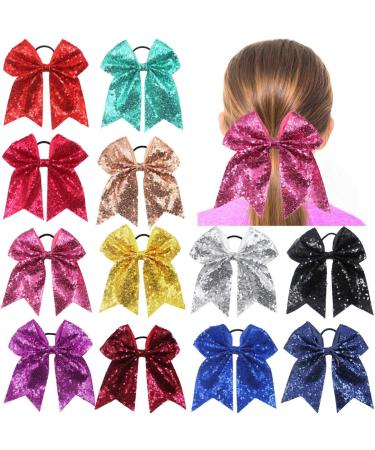 12Pcs 7.5 Bling Sparkly Glitter Sequins Pigtail Bows for Baby Girls Large Cheer Hair Bows Ponytail Holder Elastic Hair Ties