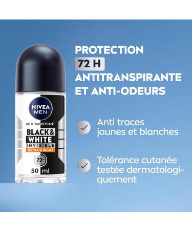 NIVEA MEN Black & White Ultimate Impact Roll-on Deodorant (1 x 50 ml) men's deodorant against white and yellow marks anti-perspirant anti-odor & humidity effective 72-hour protection alcohol-free - Buy Online on GoSupps.com